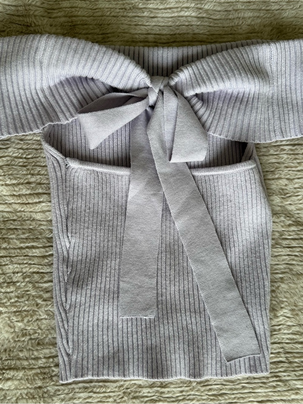 Off-Shoulder Ribbed Knit top with Back Tie - Lavender Gray